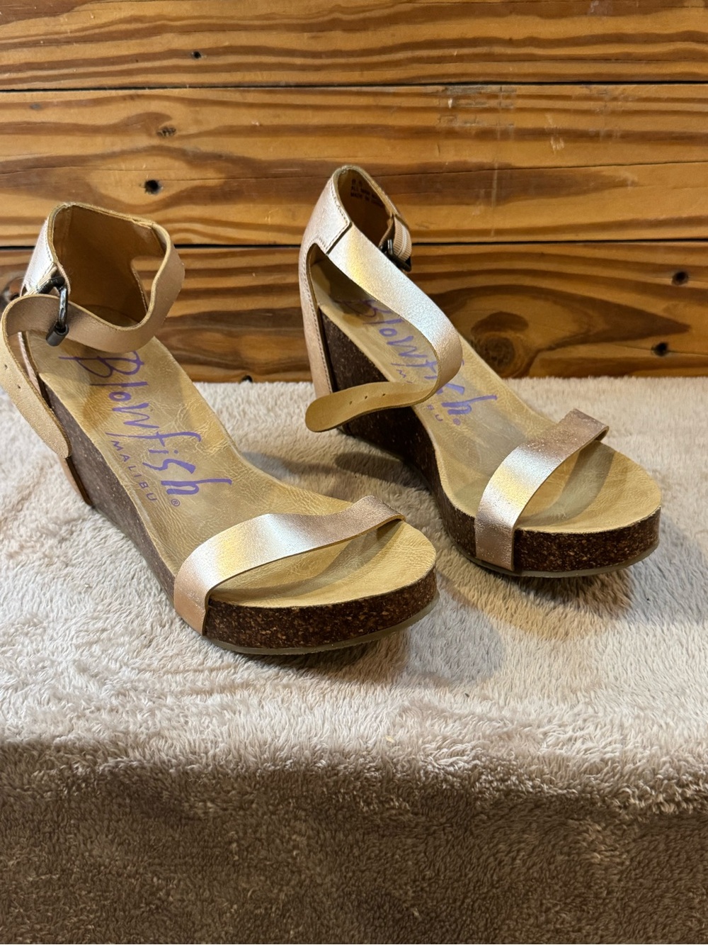 Blowfish Metallic Rose Gold Cork Wedge Sandals